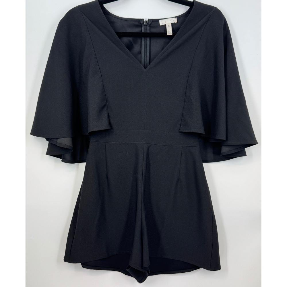 Black Cape Overlay V Neck Short Romper Jumpsuit‎ Women's Size M Work Attire